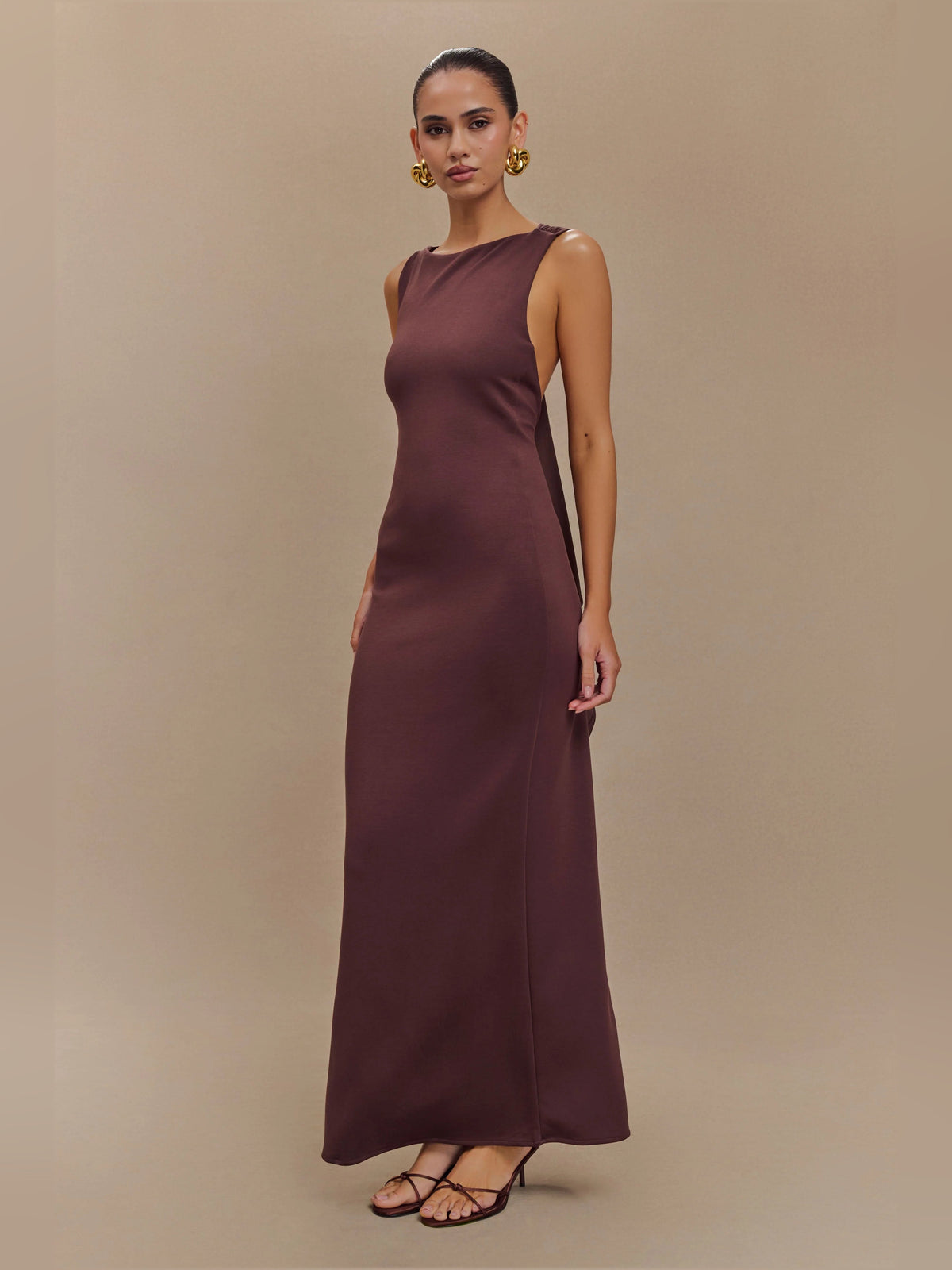 Brown sleeveless scuba jersey midi dress, fitted column silhouette