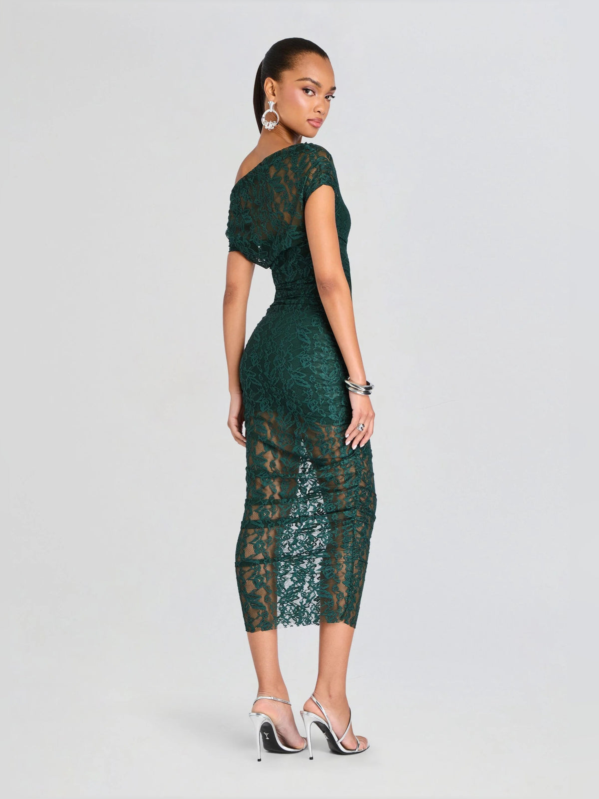 Teal lace midi dress, asymmetrical off-shoulder neckline and fitted sheath shape