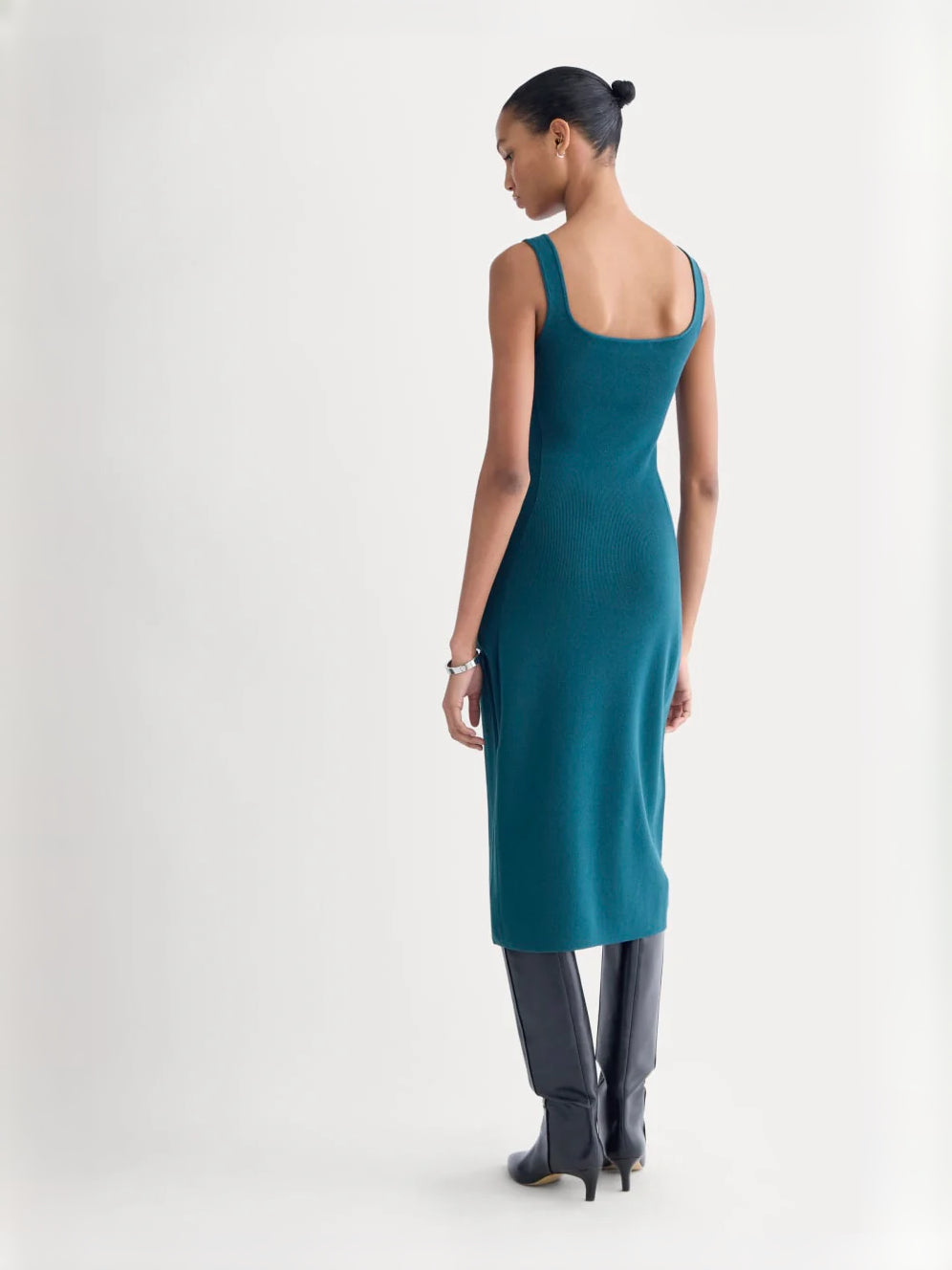 Teal knit square-neck midi dress, back view with sleeveless straps