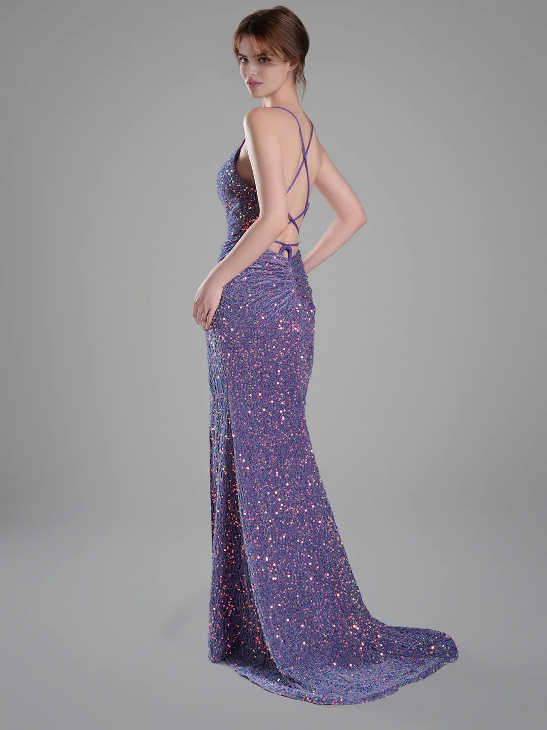 Lilac sequin floor-length formal dress with open back straps and side slit
