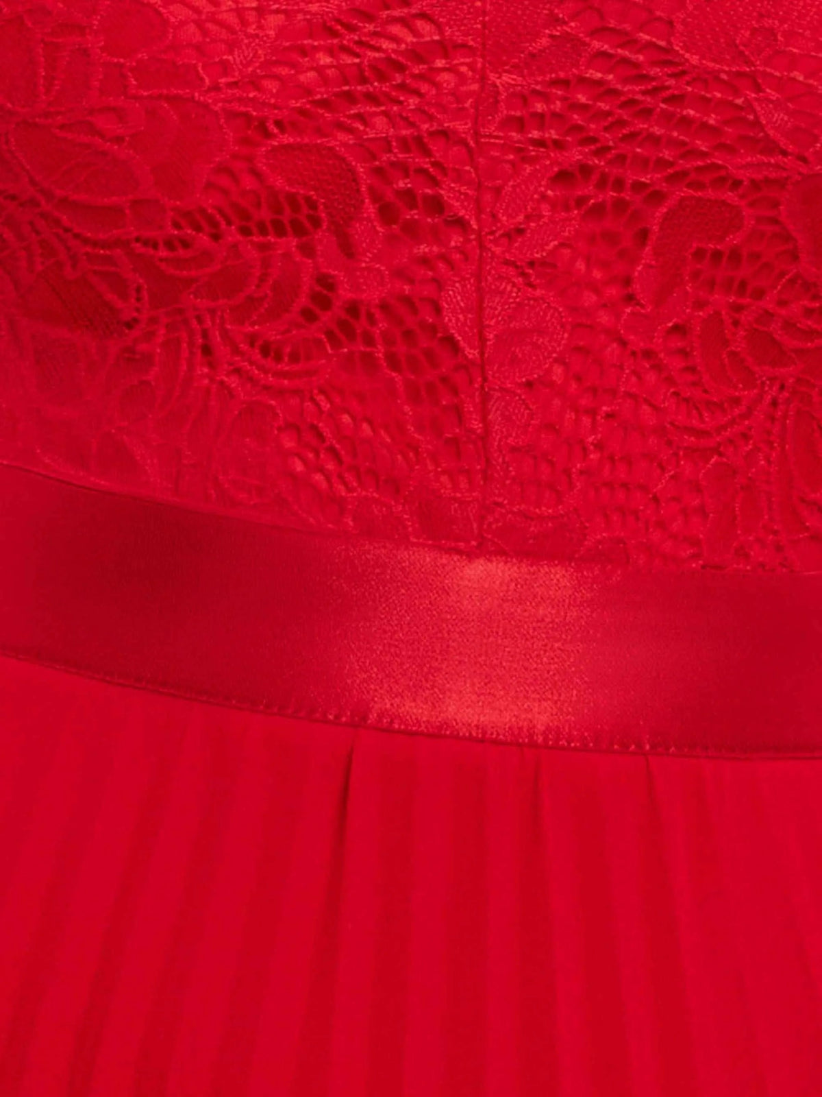Red lace bodice texture with satin waistband and pleated skirt panel detail