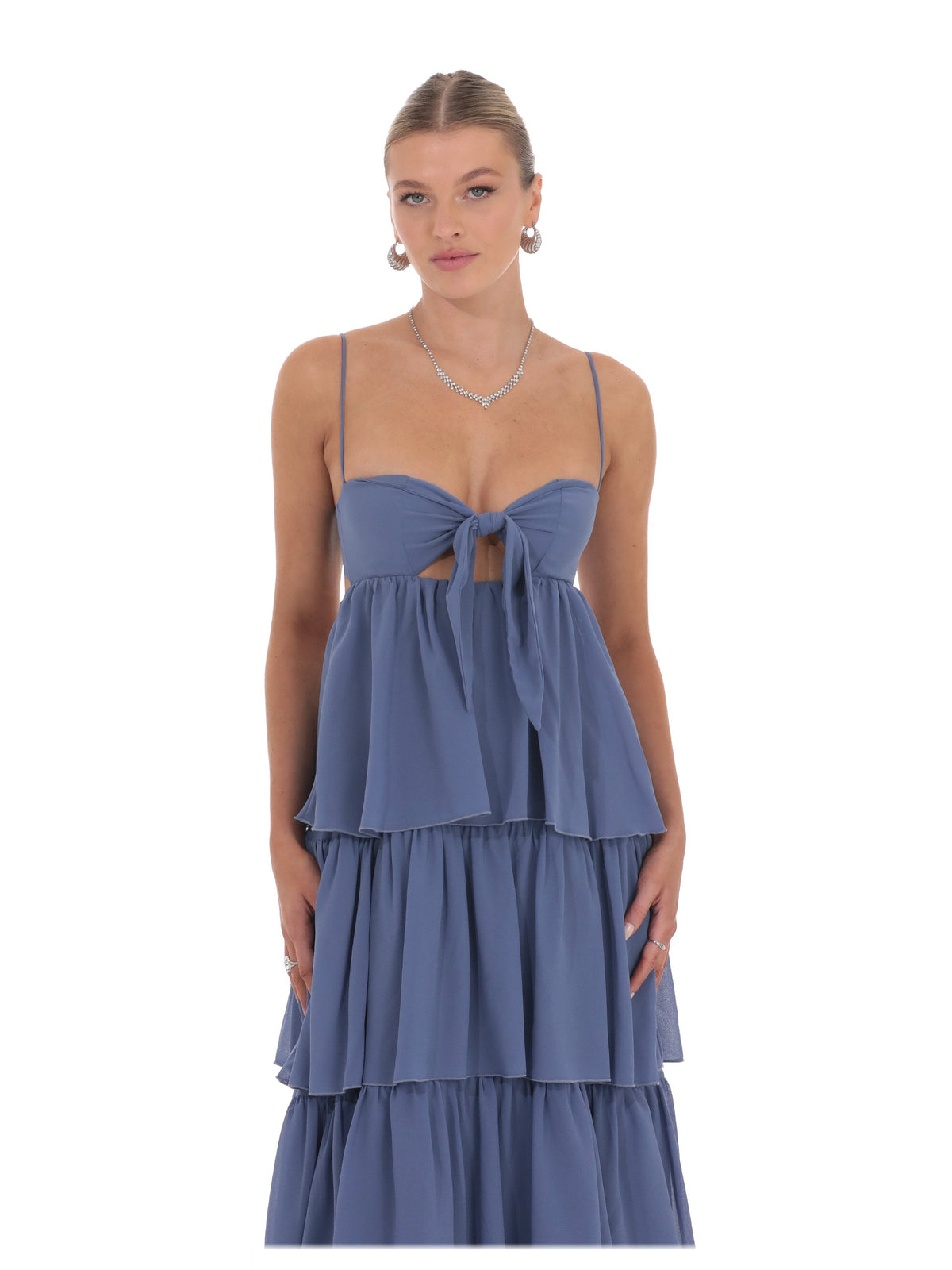 Denim Blue bridesmaid dress with ruffled detailing