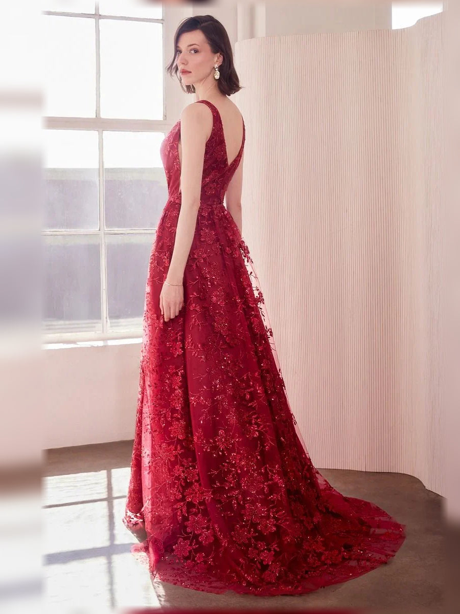 Floral V-neck A-line formal dress in deep red with sleeveless bodice and floor length