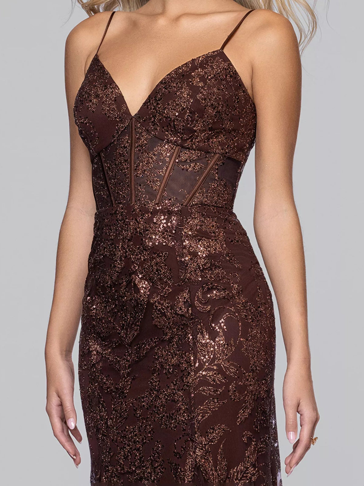 Chocolate sequin corset-style bodice with floral pattern, spaghetti straps