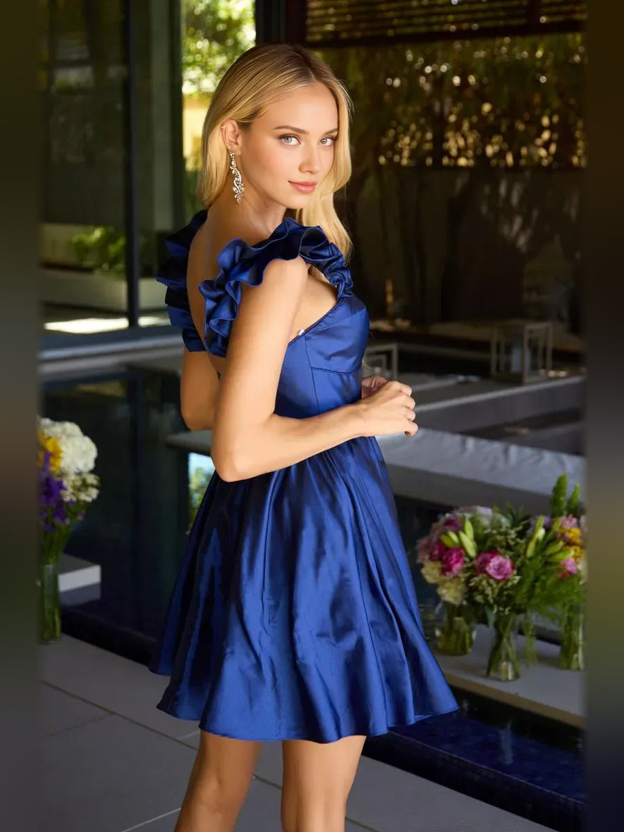 Dark blue satin mini dress with ruffled shoulder detail and sweetheart neckline