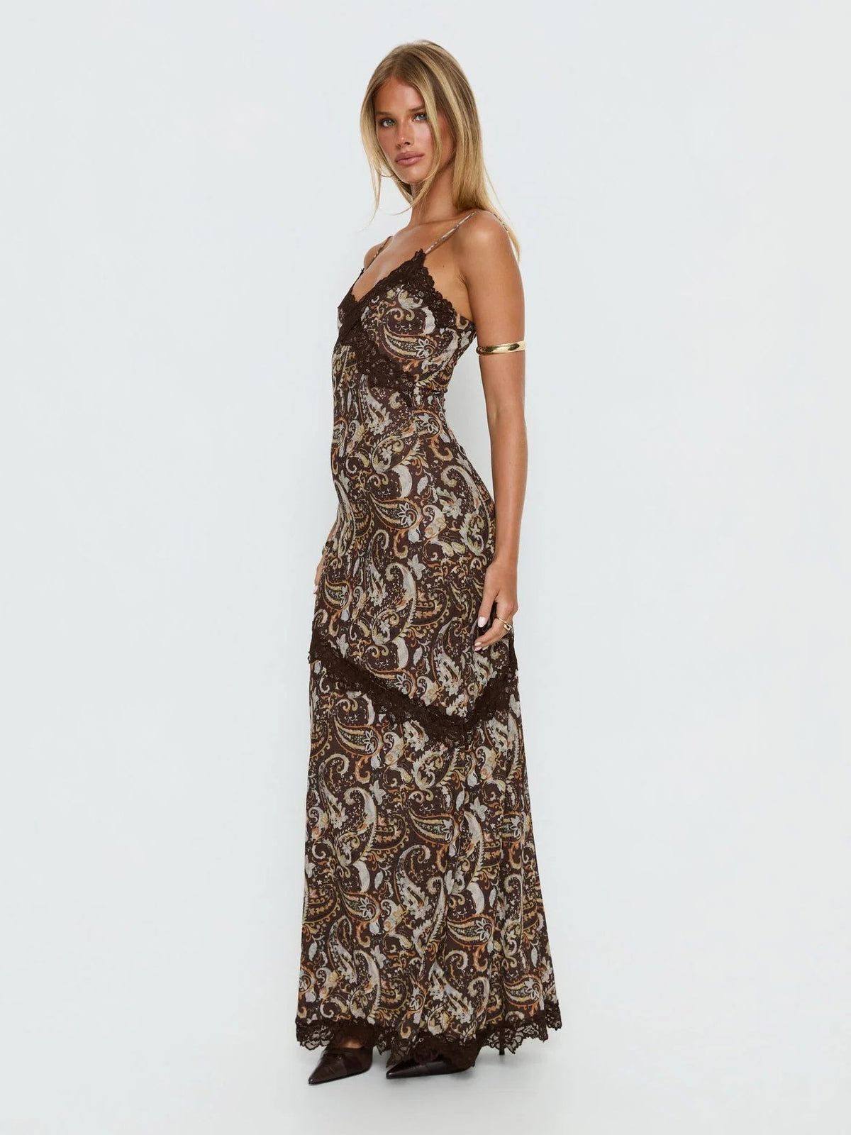 Silver formal dress with a-line detailing