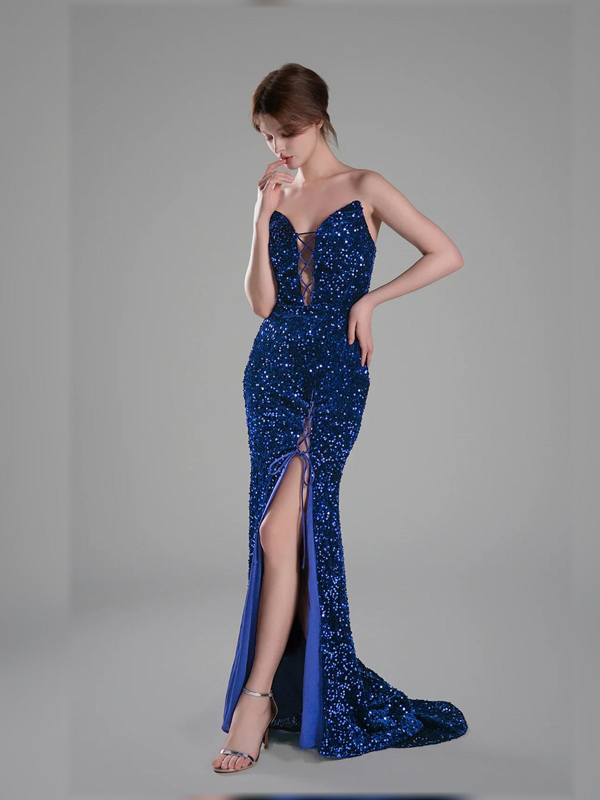 Dark blue sequin mermaid formal dress with sweetheart bodice and front leg slit