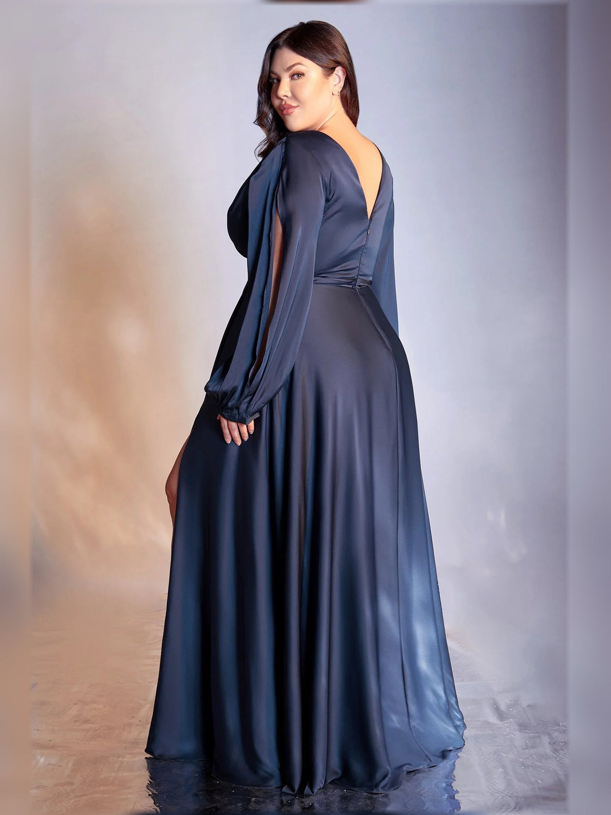 V-neck long-sleeve pleated formal dress in dark blue satin with draped waist and slit