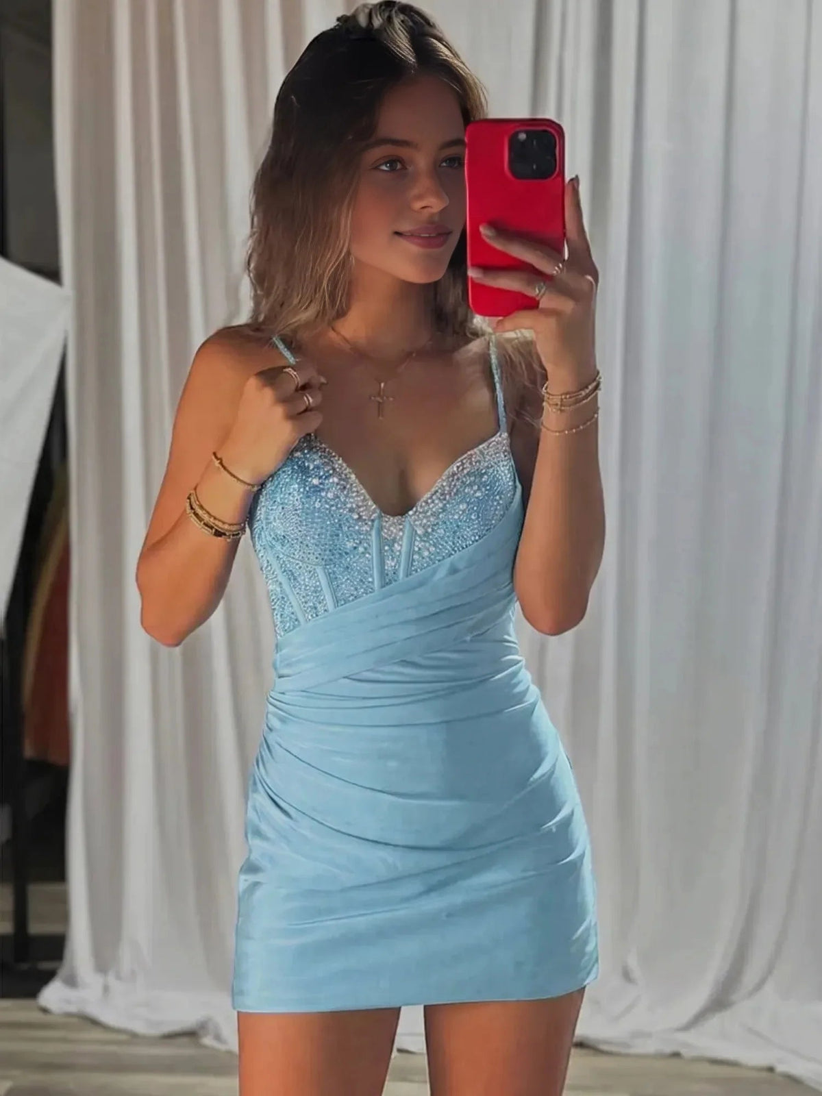 Light blue satin ruched mini dress with corset V-neck and sparkling straps
