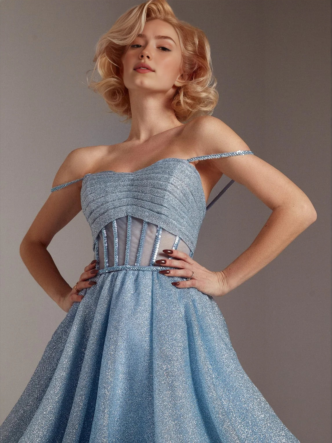 Light blue glitter off-shoulder corset bodice with structured lines, prom dress