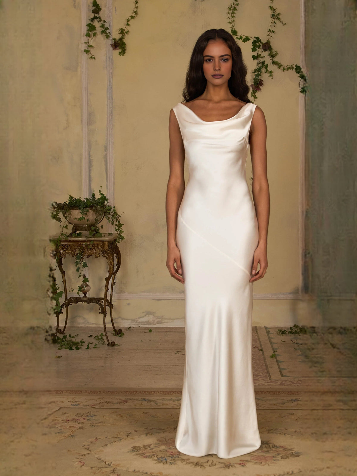 Ivory satin cowl-neck sheath maxi dress, sleeveless, sleek draped silhouette
