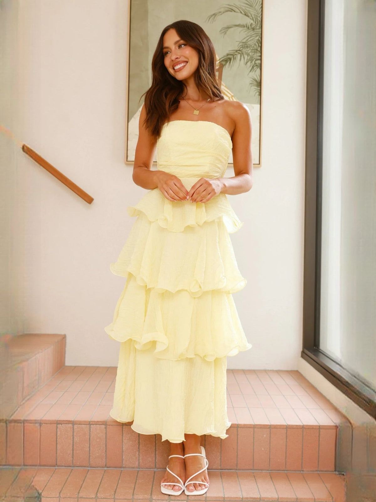 Butter Yellow a-line maxi formal dress with ruffle details, alternate full-length view