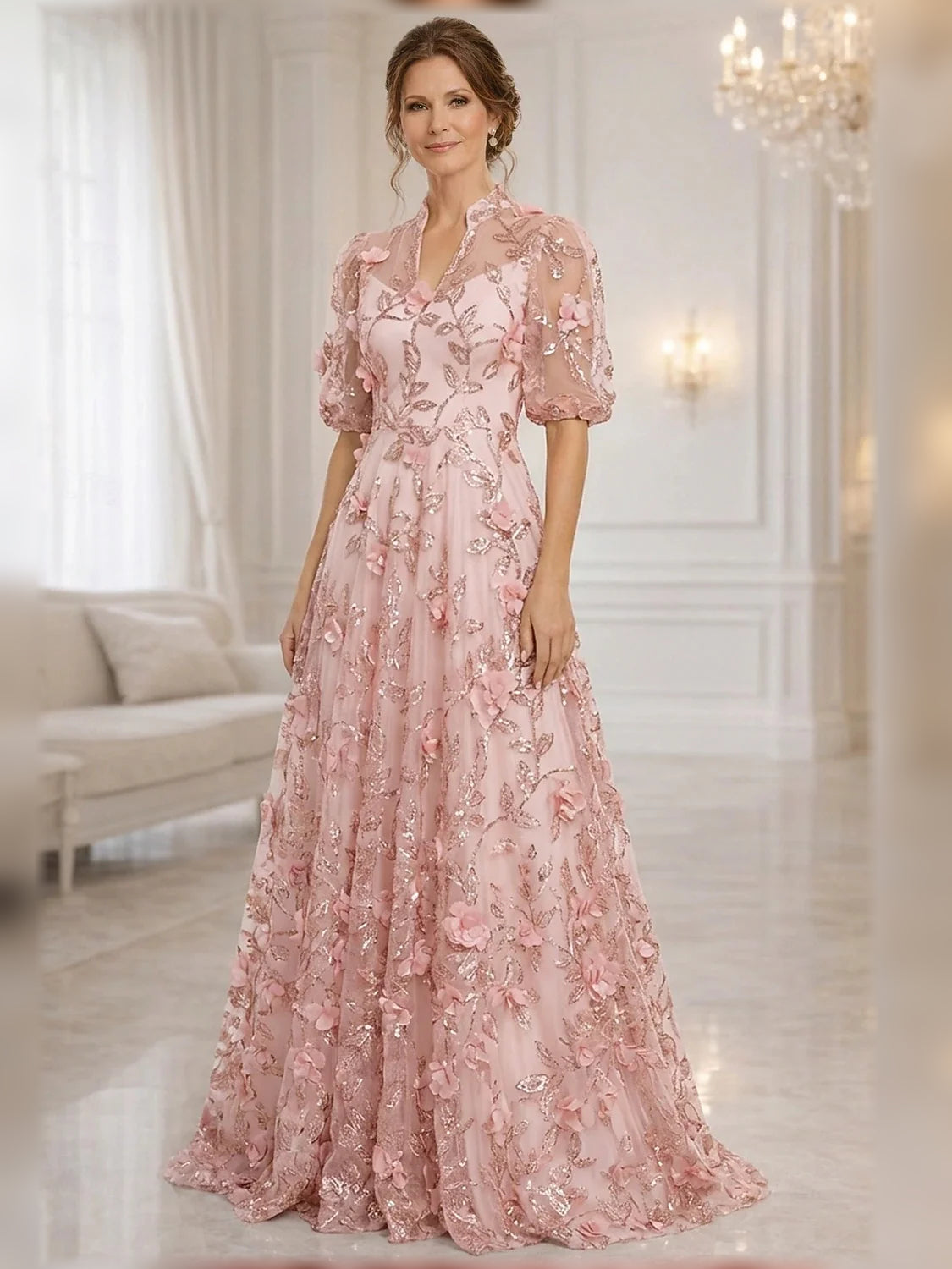 Blush pink tulle A-line gown, high neck, short puff sleeves, layered floral detailing
