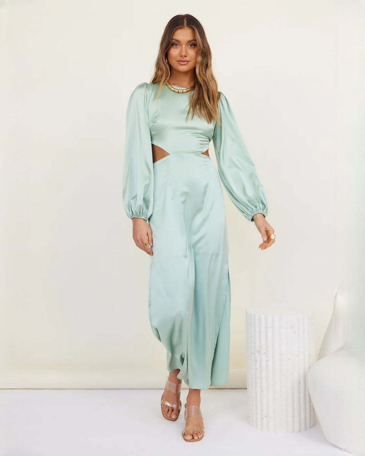 Mint satin maxi dress with puff sleeves, front cutout and draped waist