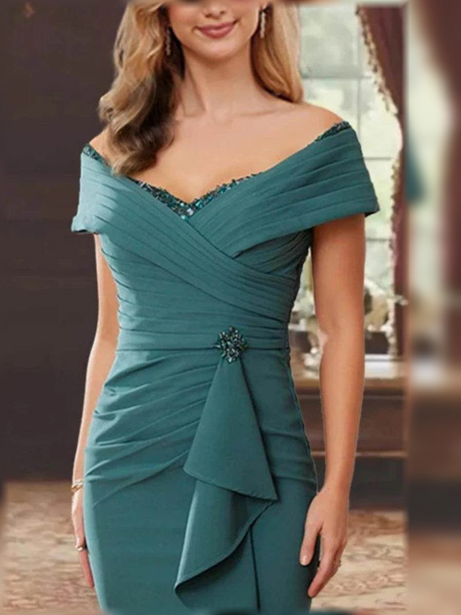Teal off-shoulder gown with ruched crossed bodice detail and tiered ruffle skirt panels.