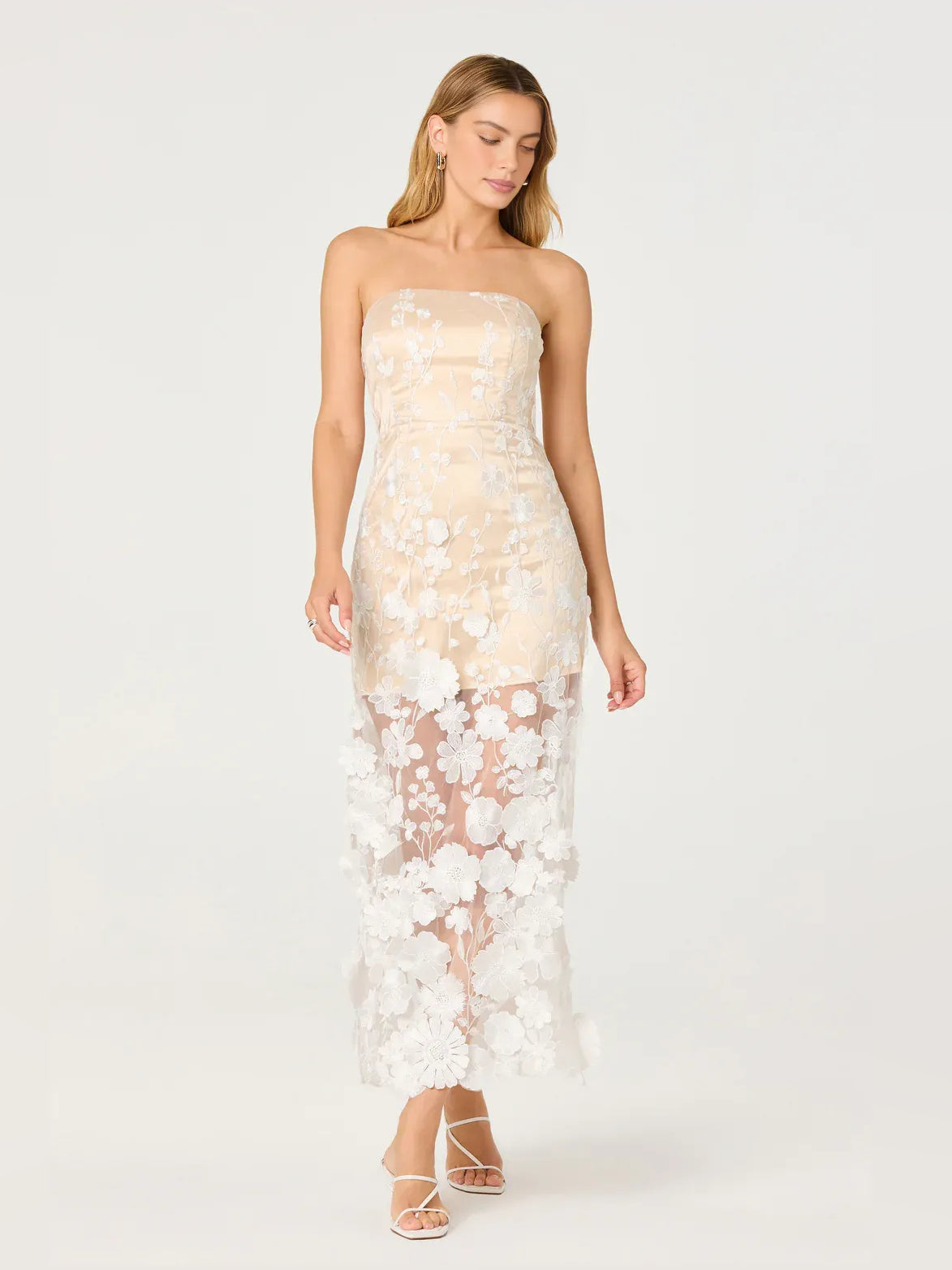 Floral print strapless sheath midi formal dress, front view, light mesh with white flower detail