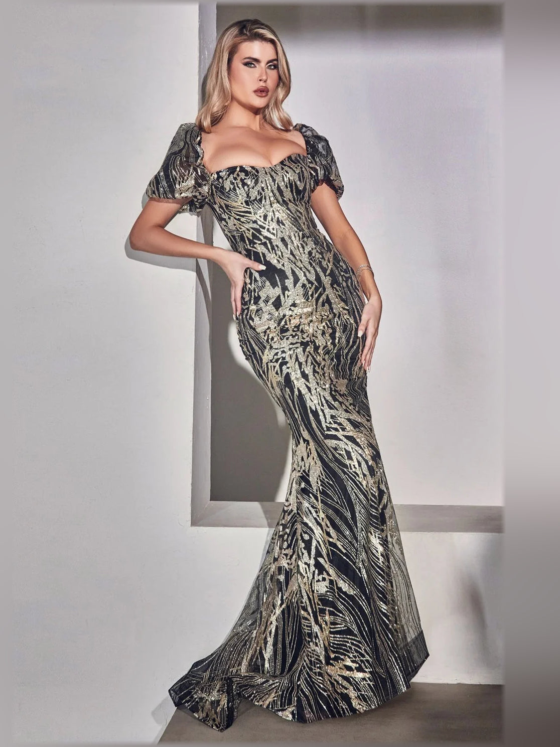 Dusty blue off-the-shoulder gown with short puff sleeves and fitted mermaid skirt
