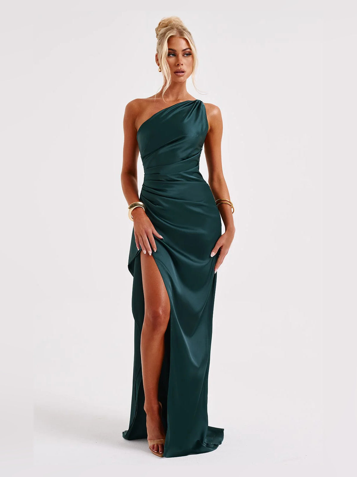 Emerald sheath maxi formal dress with skirt slit, alternate full-length view showing the waist