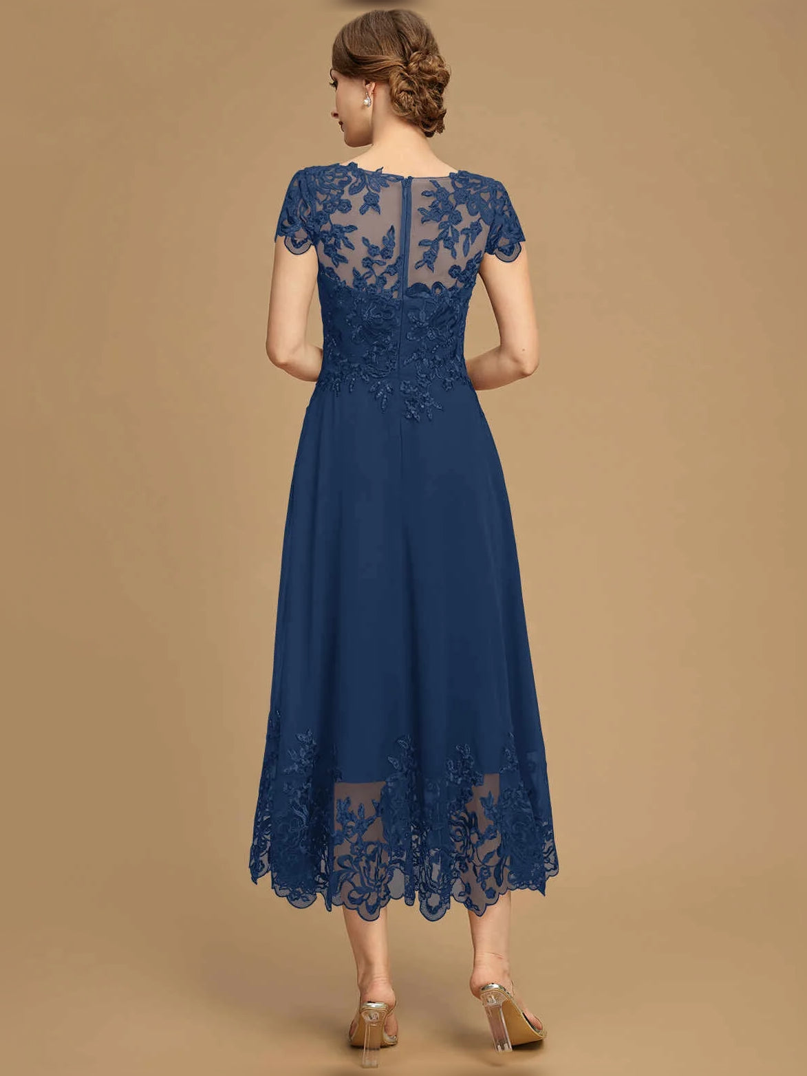 Dark navy boat-neck A-line chiffon tea-length dress with lace hem applique (back view)