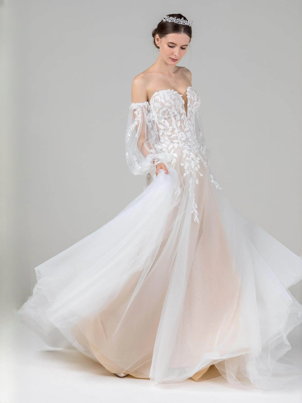 Ivory glitter lace A-line wedding dress with flowing tulle skirt, side angle