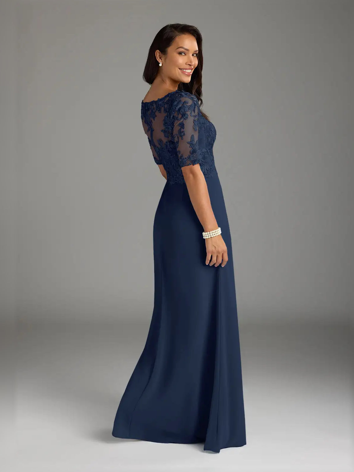Dark navy embroidered lace short-sleeve maxi dress with draped waist and A-line skirt
