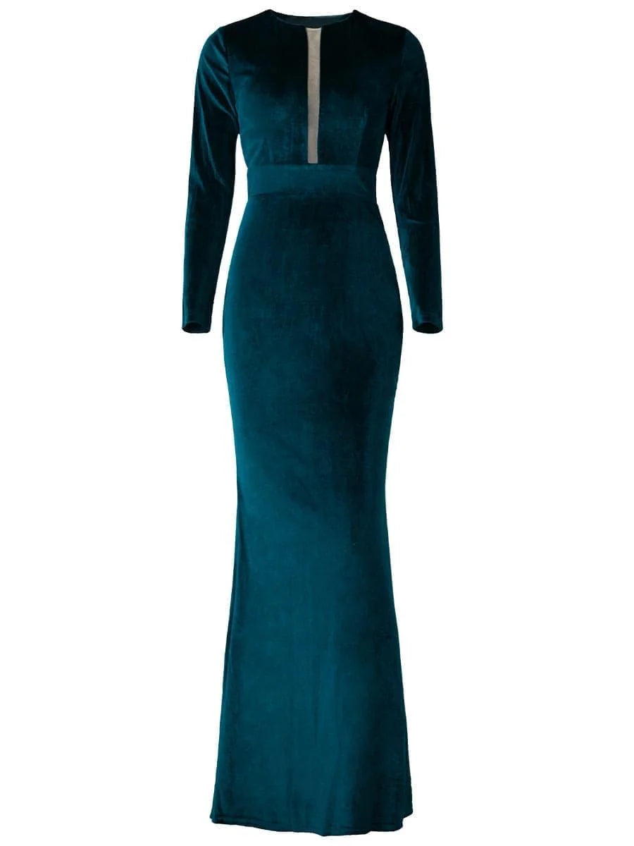 Teal-green V-neck long-sleeve mermaid maxi formal dress, fitted with flared bottom