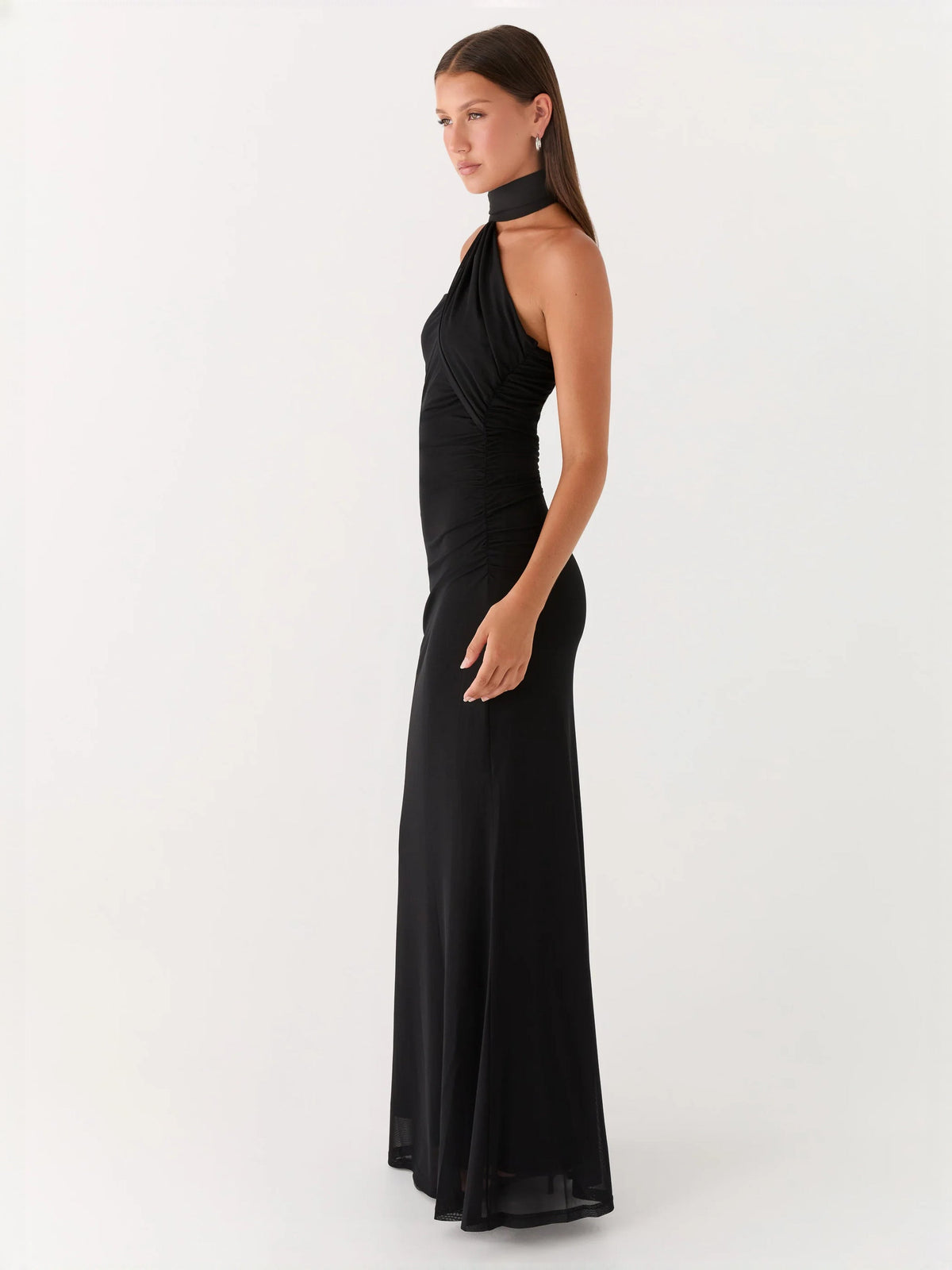 Black sheath maxi formal dress with ruching, alternate full-length view showing the waist