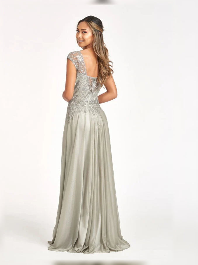 Silver beaded embroidered V-neck A-line floor-length dress with cap sleeves and satin skirt