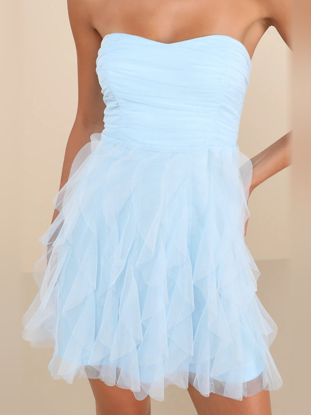 Light blue strapless mini dress bodice with ruching and layered tulle ruffle skirt