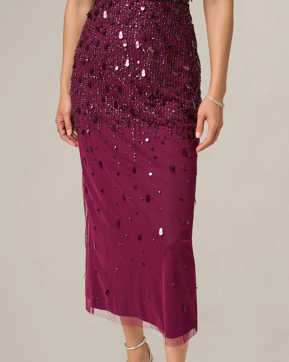 Bordeaux embellished midi dress with sparkly sequin fabric and straight hem vent