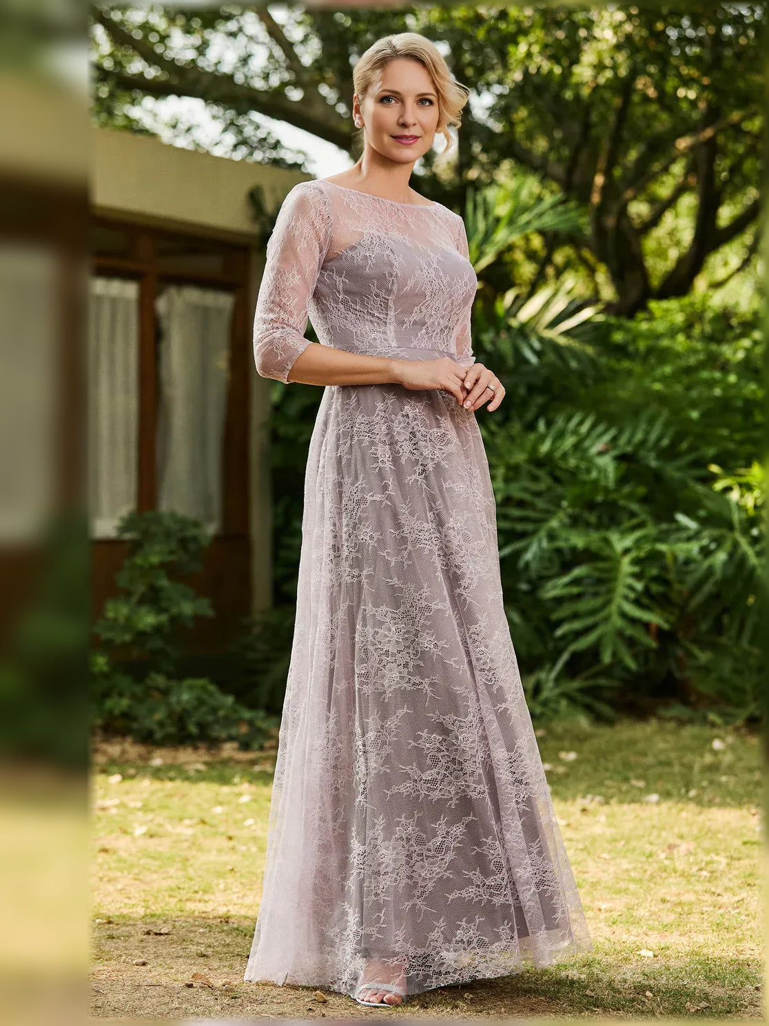 Dusty pink floral lace boat-neck A-line maxi dress with three-quarter sleeves