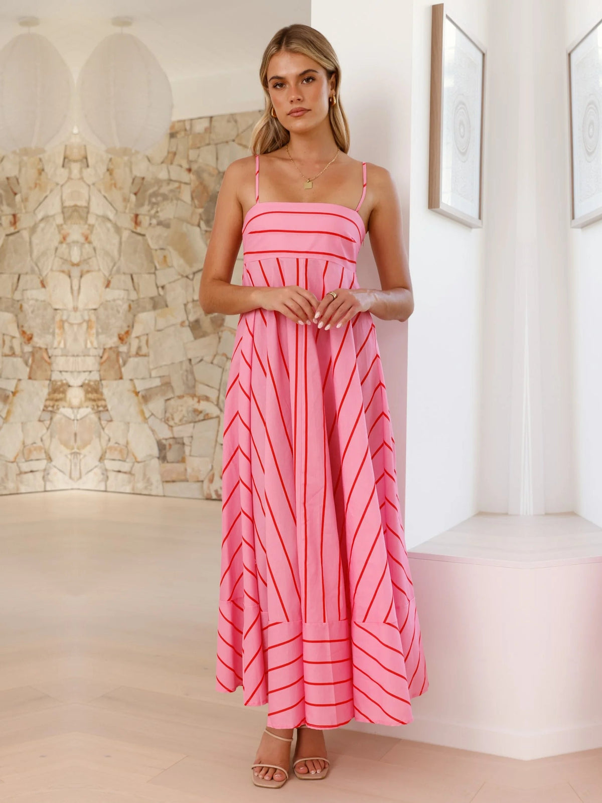 Pink a-line maxi formal dress with printed pattern, alternate view showing the waist