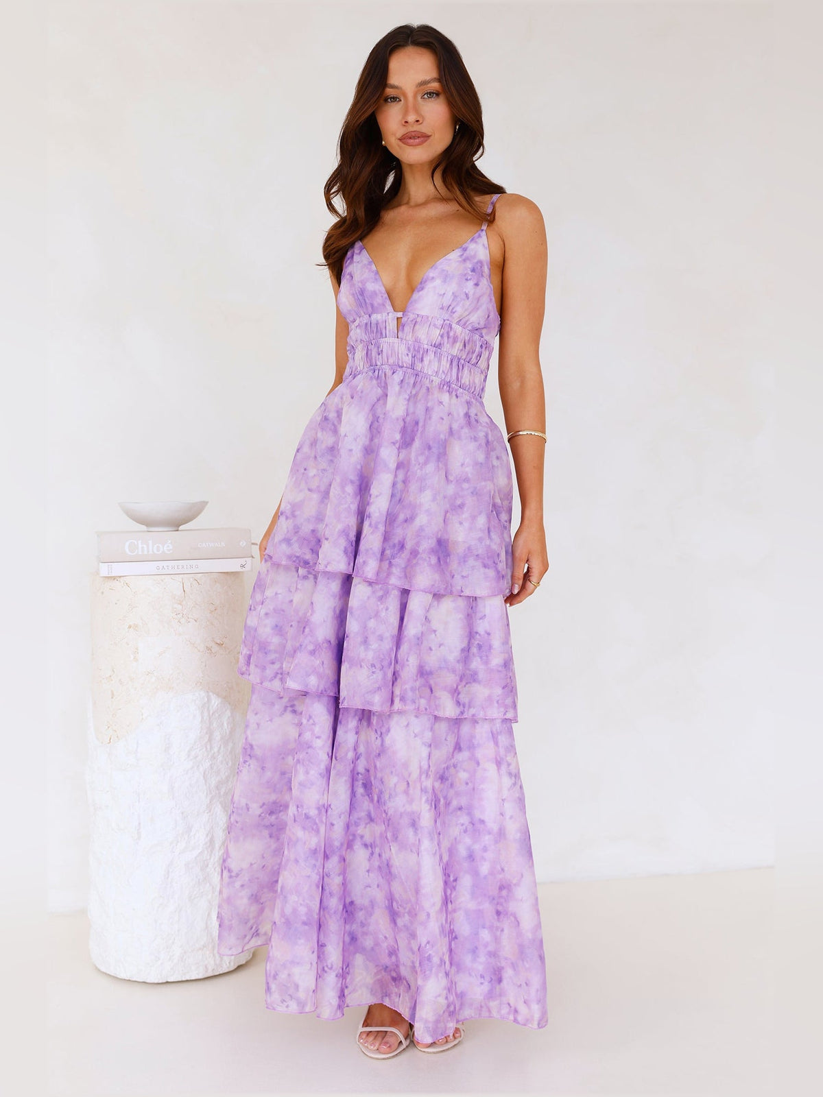 Lilac a-line maxi formal dress with tiered skirt, alternate view