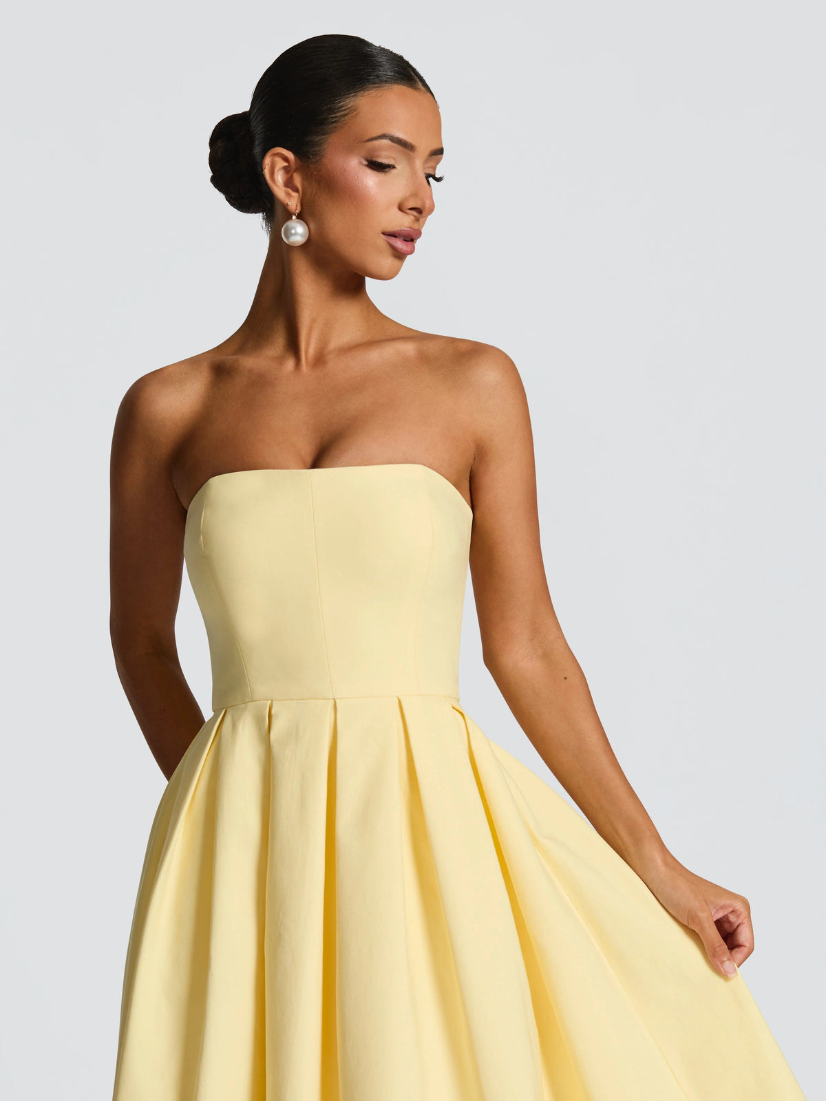 Lemon strapless midi formal dress with ruched waistband detail and pleated skirt