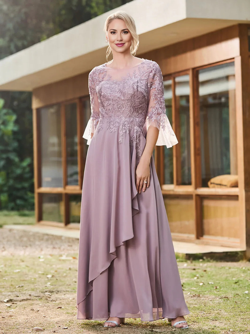 Floral illusion neck A-line chiffon dress, dusty mauve, ruffle bell sleeves