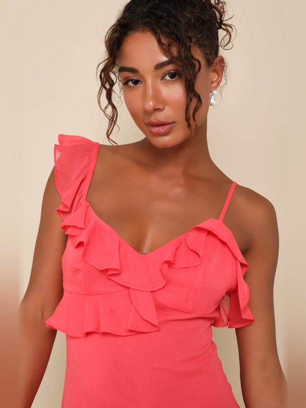Coral pink ruffle bodice mini dress with layered shoulder frills