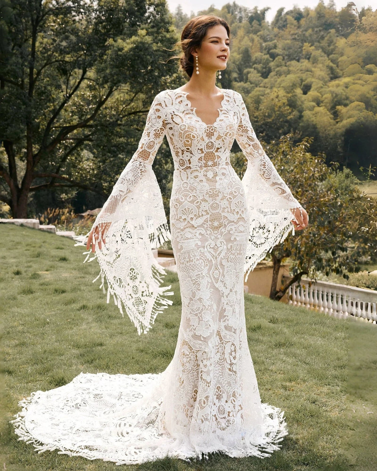 fringe bell sleeve lace mermaid wedding dress - image 5