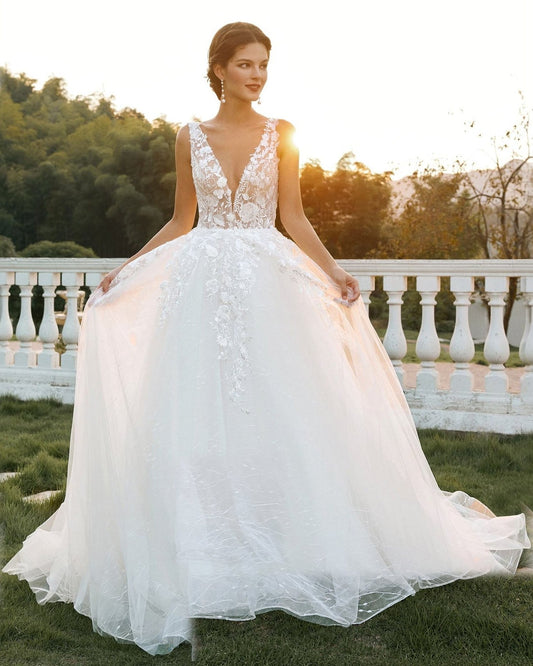 plunging v-neck lace tulle ball gown wedding dress - image 5