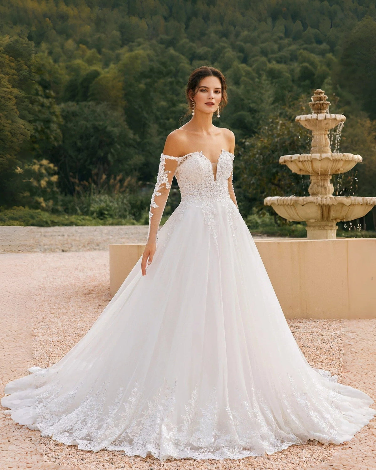 off-shoulder lace sleeve tulle wedding ball gown - image 5