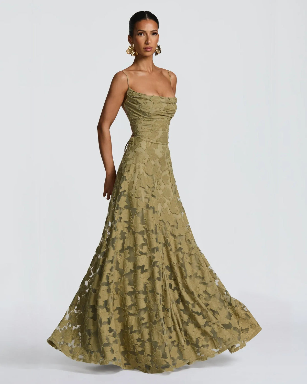 Olive floral lace A-line formal dress with fitted bodice and flowing flared hem