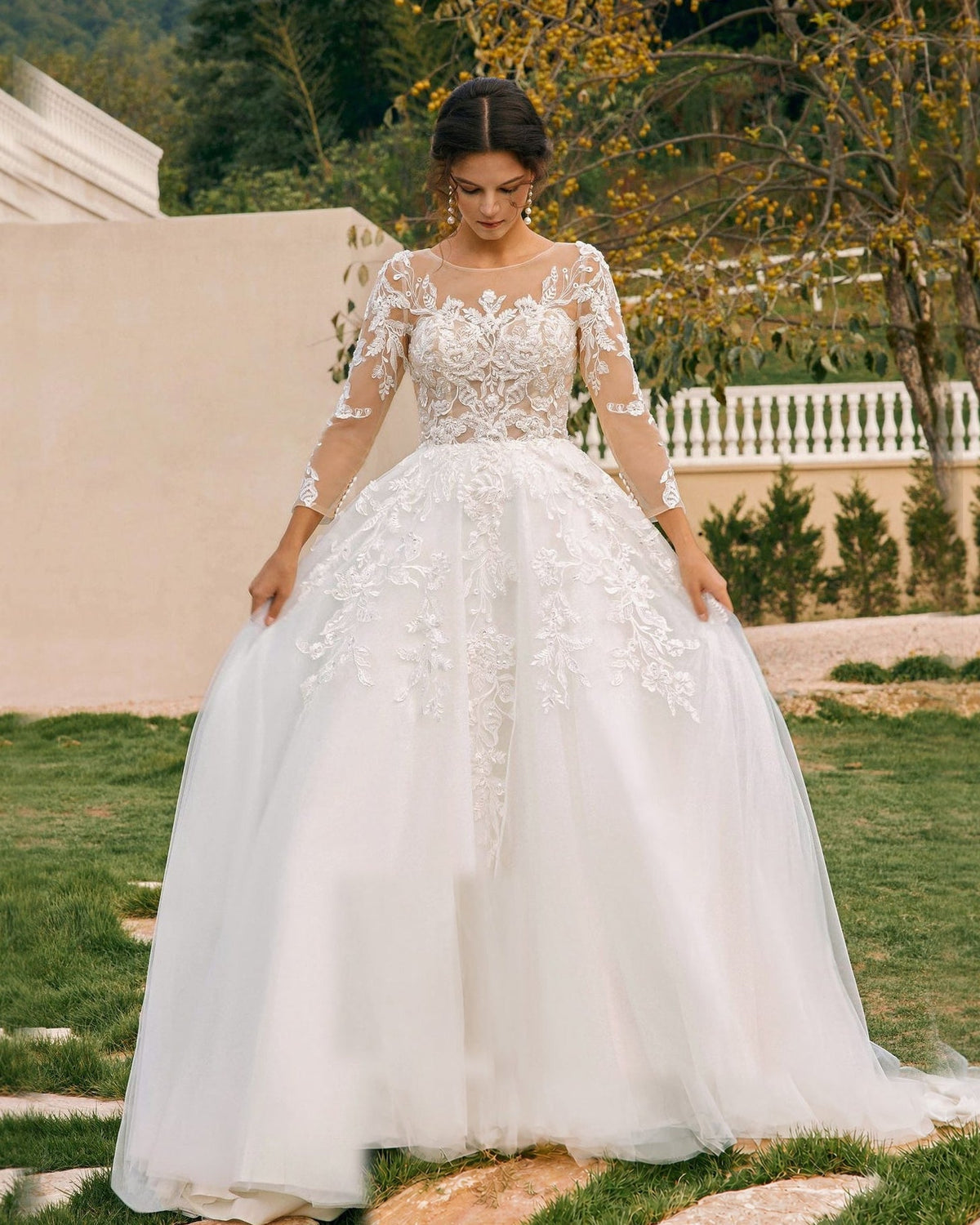 bateau neck lace sleeve tulle a-line wedding dress - image 5