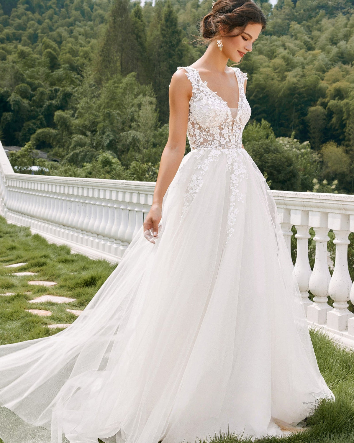 sleeveless v-neck lace tulle a-line wedding dress - image 5
