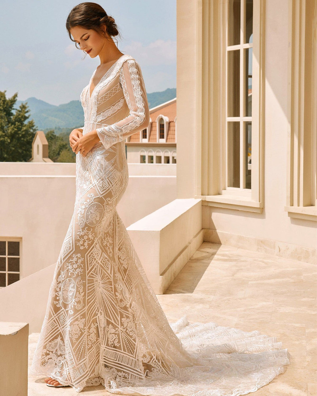 long sleeve geometric lace mermaid wedding dress - image 5