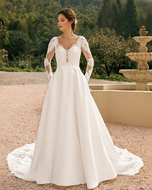 long sleeve lace bodice satin a-line wedding dress - image 5