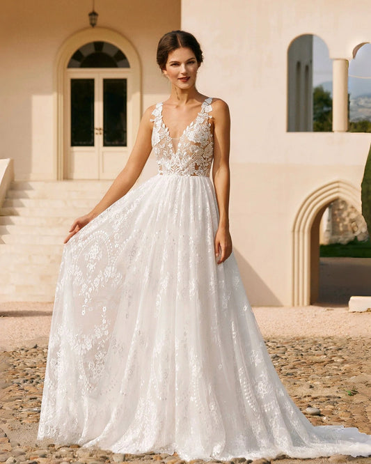 plunging v-neck lace embroidered a-line wedding dress - image 5