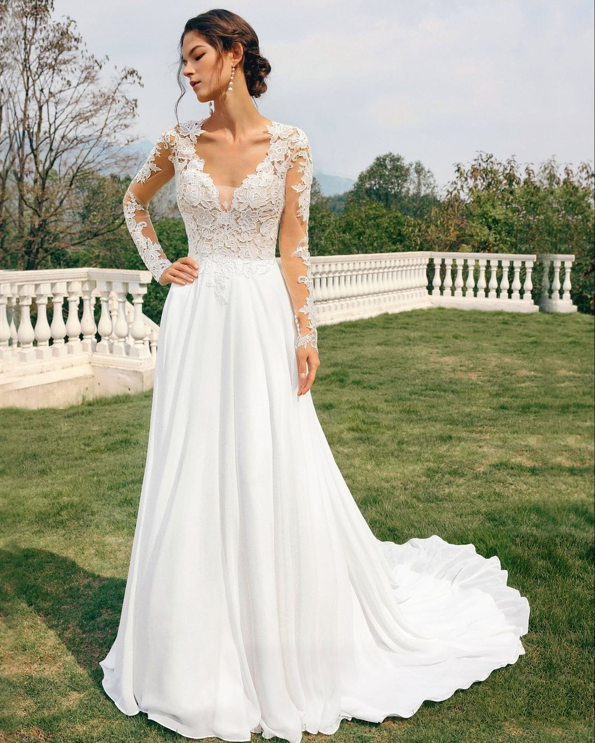 v-neck long sleeve lace chiffon a-line wedding dress - image 5