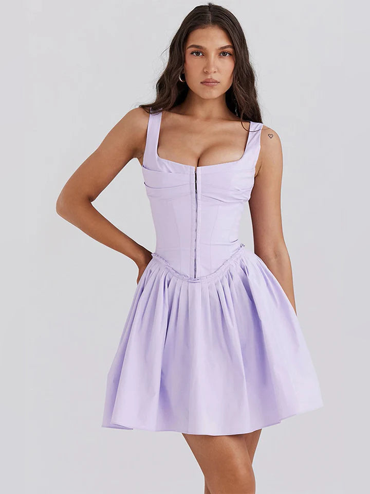 Lavender pleated mini dress with square neckline and corset-style front panel