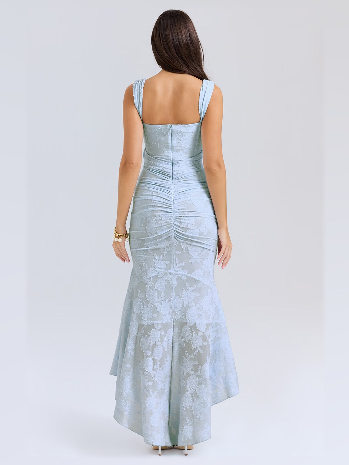 Light Blue Floral Print maxi formal dress, alternate full-length view showing the hem