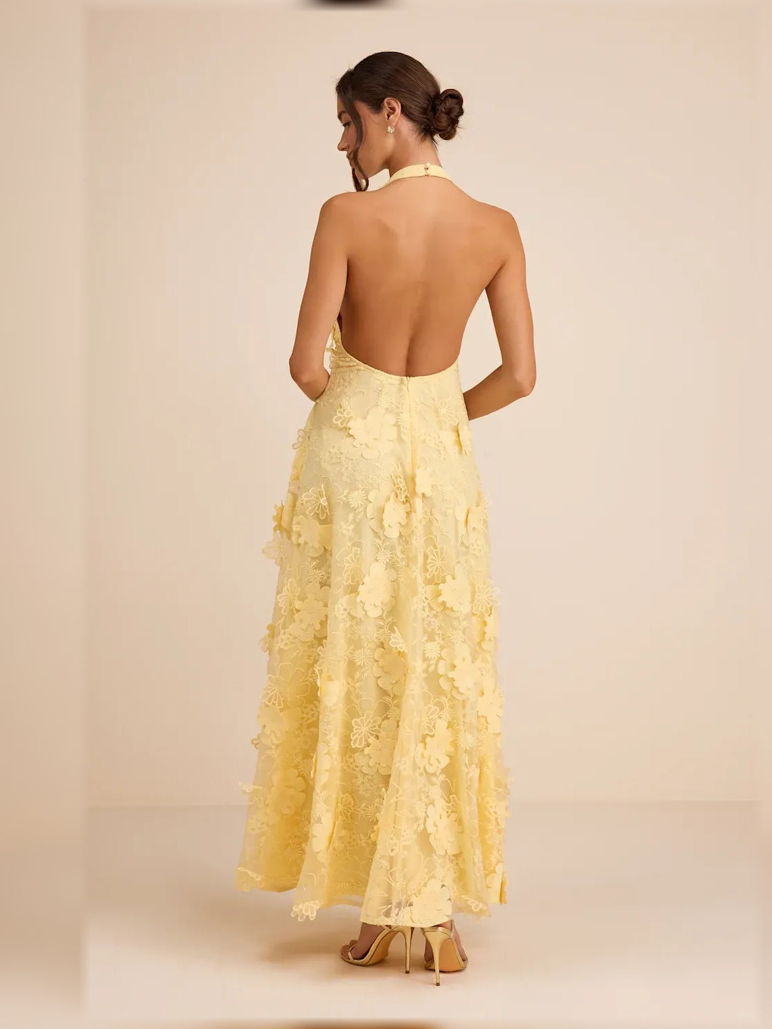 Yellow halter neck maxi formal dress with floral lace appliques and open back