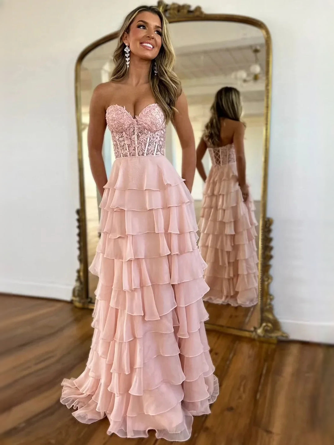Blush pink sweetheart ruffle tier A-line maxi dress with sheer fabric overlay